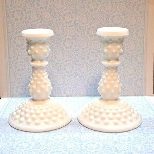 Vintage Fenton Hobnail Milk Glass Candlestick Holders EUC